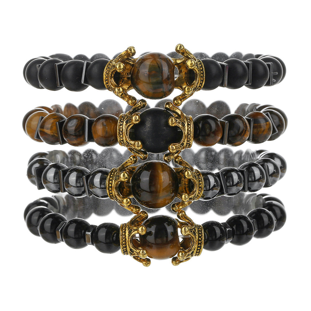 Luxury Punk Geometric Alloy Crown Bracelet with Tiger Eye and Hematite for Men and Women
