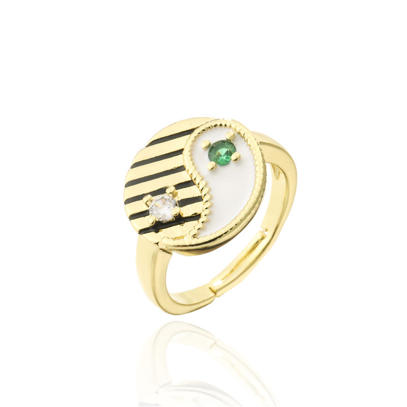 Geometric Drip Oil Brass Ring with Cubic Zirconia Yin Yang Tai Chi Bagua Design for Women