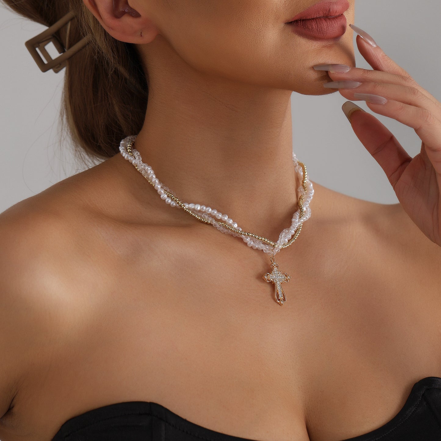 Geometric Cross Rhinestone Inlay Alloy Rope Chain Necklace for Women