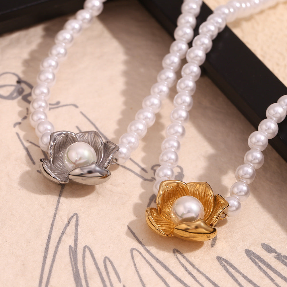 Vintage Floral Style Stainless Steel Pendant Necklace with 18K Gold Plating and Simulated Pearl Accents for Women