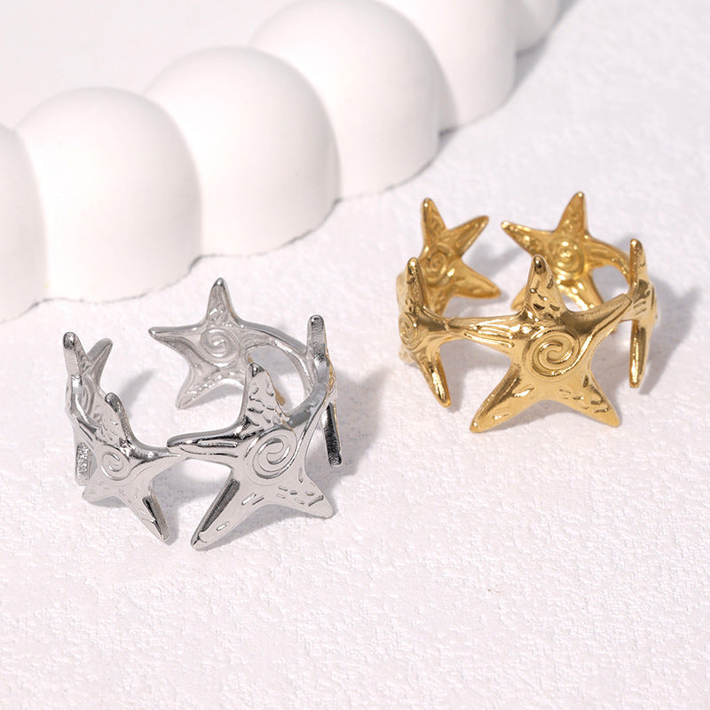 Minimalist Star-Shaped Stainless Steel Ring with 18K Gold Plating Adjustable Open Band Women's Fashion Jewelry