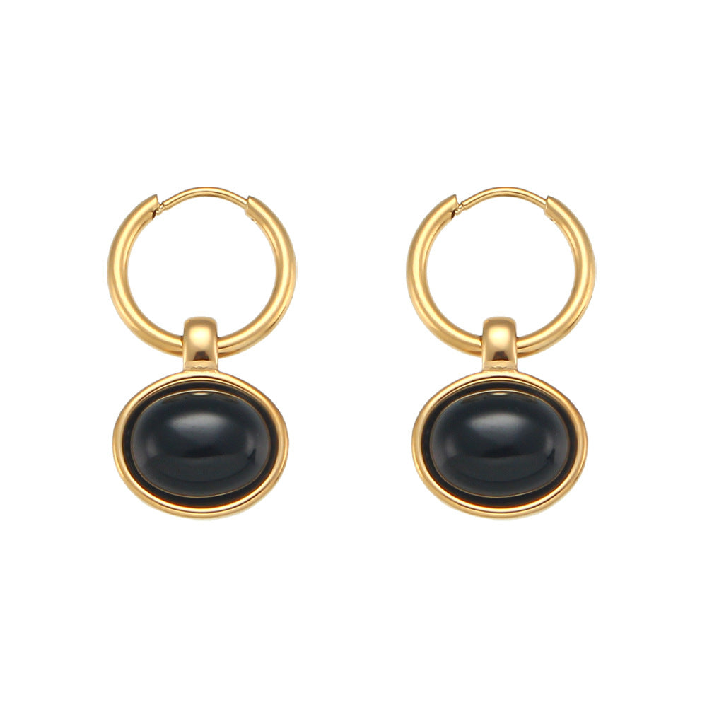 Vintage-Inspired Geometric Stainless Steel Earrings with 18K Gold Plating and Natural Sunstone Cat's Eye Accents for Women