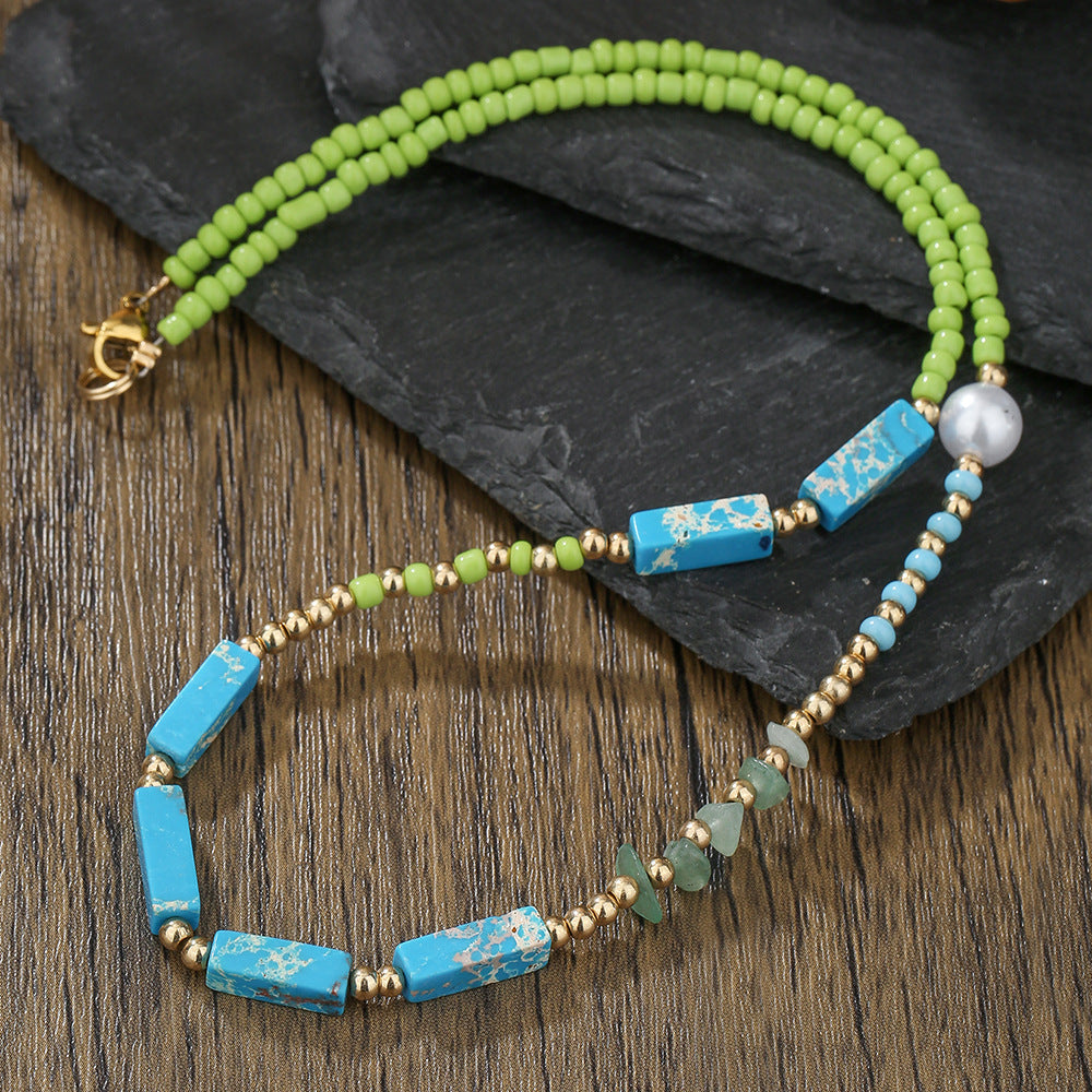 Bohemian Asymmetric Geometric Pearl Necklace with Turquoise Pendant