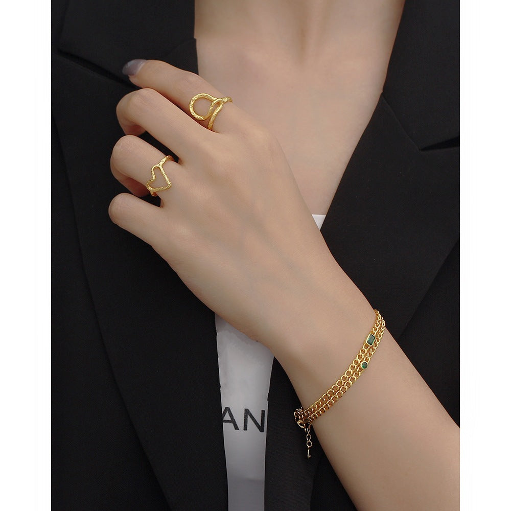 Bracciale a catena con maglie a cordolo in argento sterling 925 di lusso, elegante, geometrico, rettangolare, con intarsio di smeraldo da donna