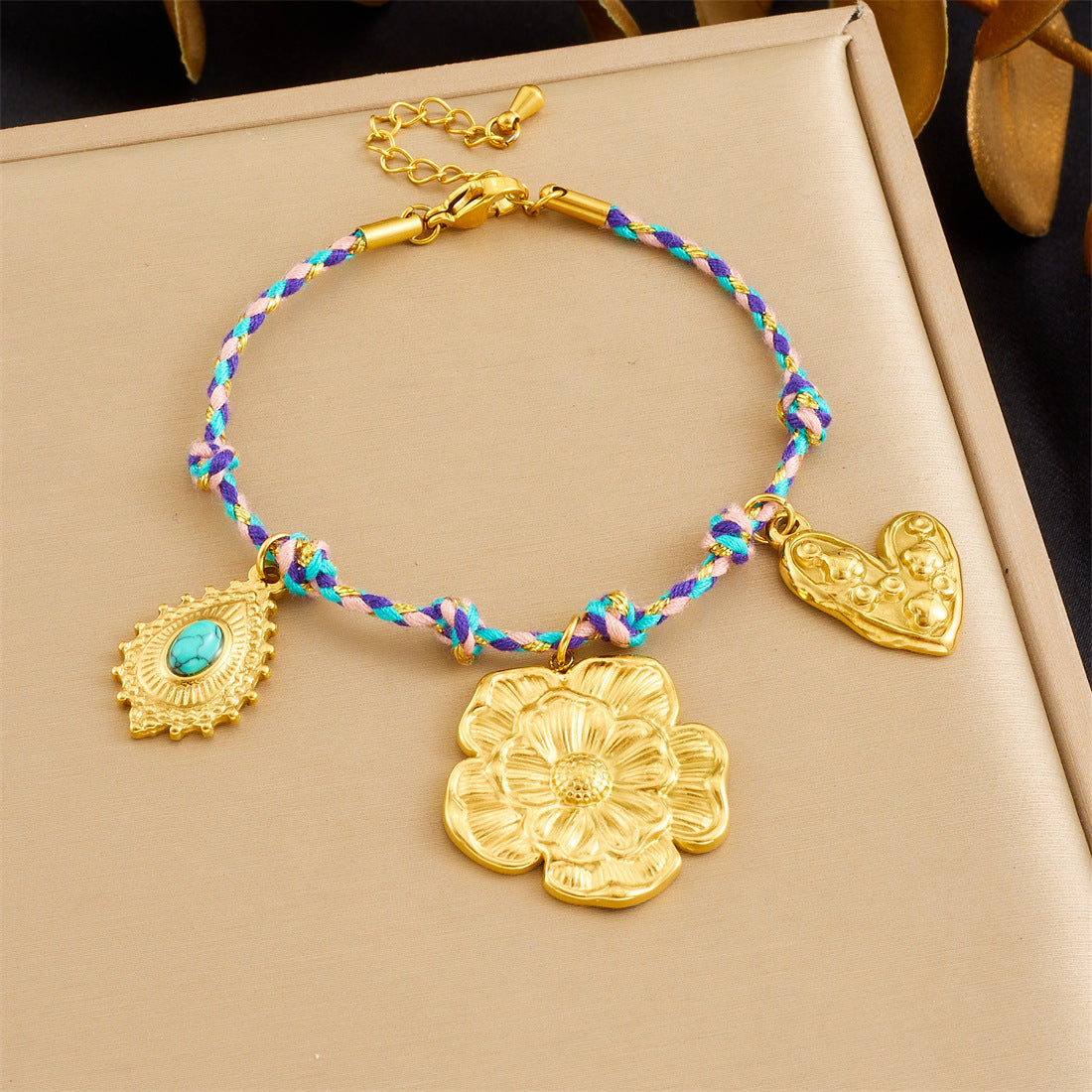 Bohemian Vintage Gold Plated Stainless Steel Rope Chain Floral Pendant Jewelry Set