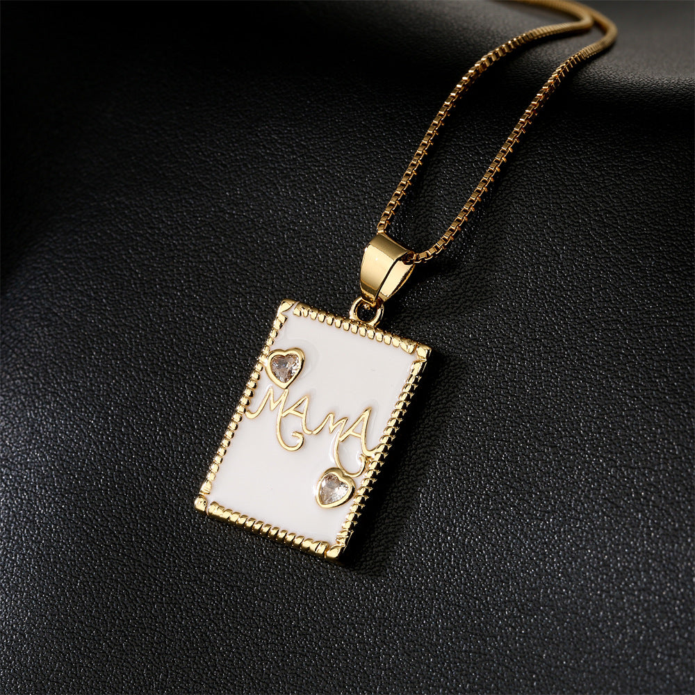 Minimalist Geometric MAMA Pendant Necklace for Women with Copper Base Plated in 18K Gold and Enamel Finish, Rhinestone Inlay