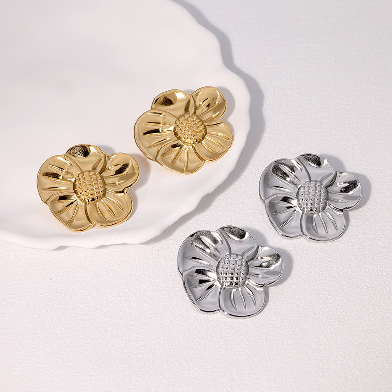 Fashion 18K Gold Plated Stainless Steel Floral Stud Earrings for Women