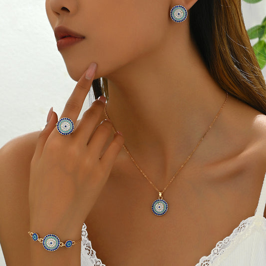 Conjunto de collar de aleación con pedrería geométrica redonda, pulsera de perlas y anillo abierto para mujer