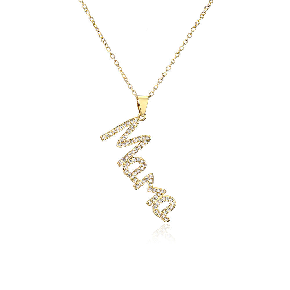 Geometric MAMA Pendant Necklace in Copper with Cubic Zirconia Inlay and 18K Gold Plating for Women