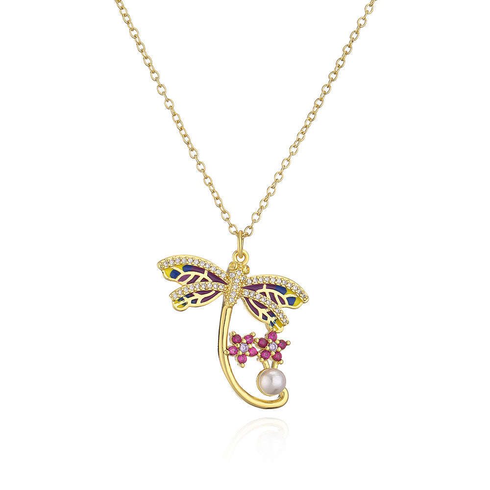 Minimalist Butterfly and Dragonfly Pendant Necklace for Women in Copper with 18K Gold Plating and Micro-Pave Zirconia