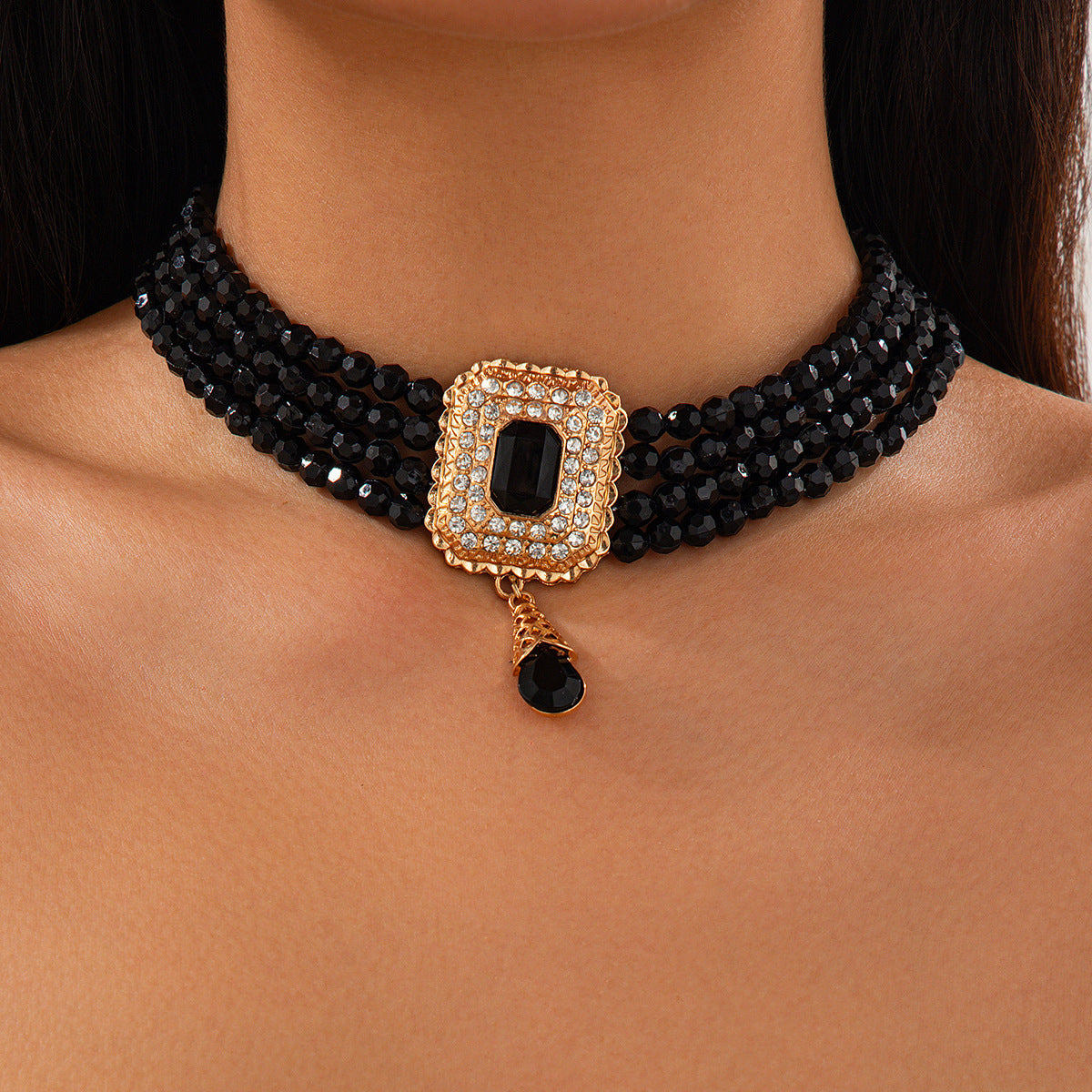 Collar tipo gargantilla de cristal estilo francés vintage con dijes geométricos cuadrados y de lágrima en cadena de perlas para mujer