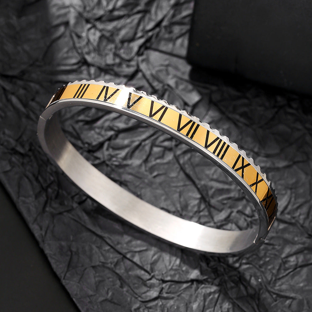 Geometric Stainless Steel Plated Roman Numeral Bracelet for Women with Egg Shape Design