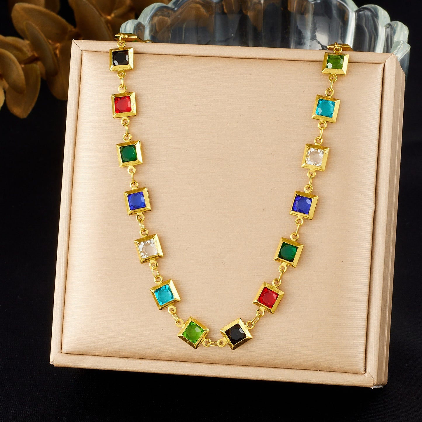 Gold Plated Stainless Steel Square Rhinestone Crystal Necklace Bracelet Set for Women
