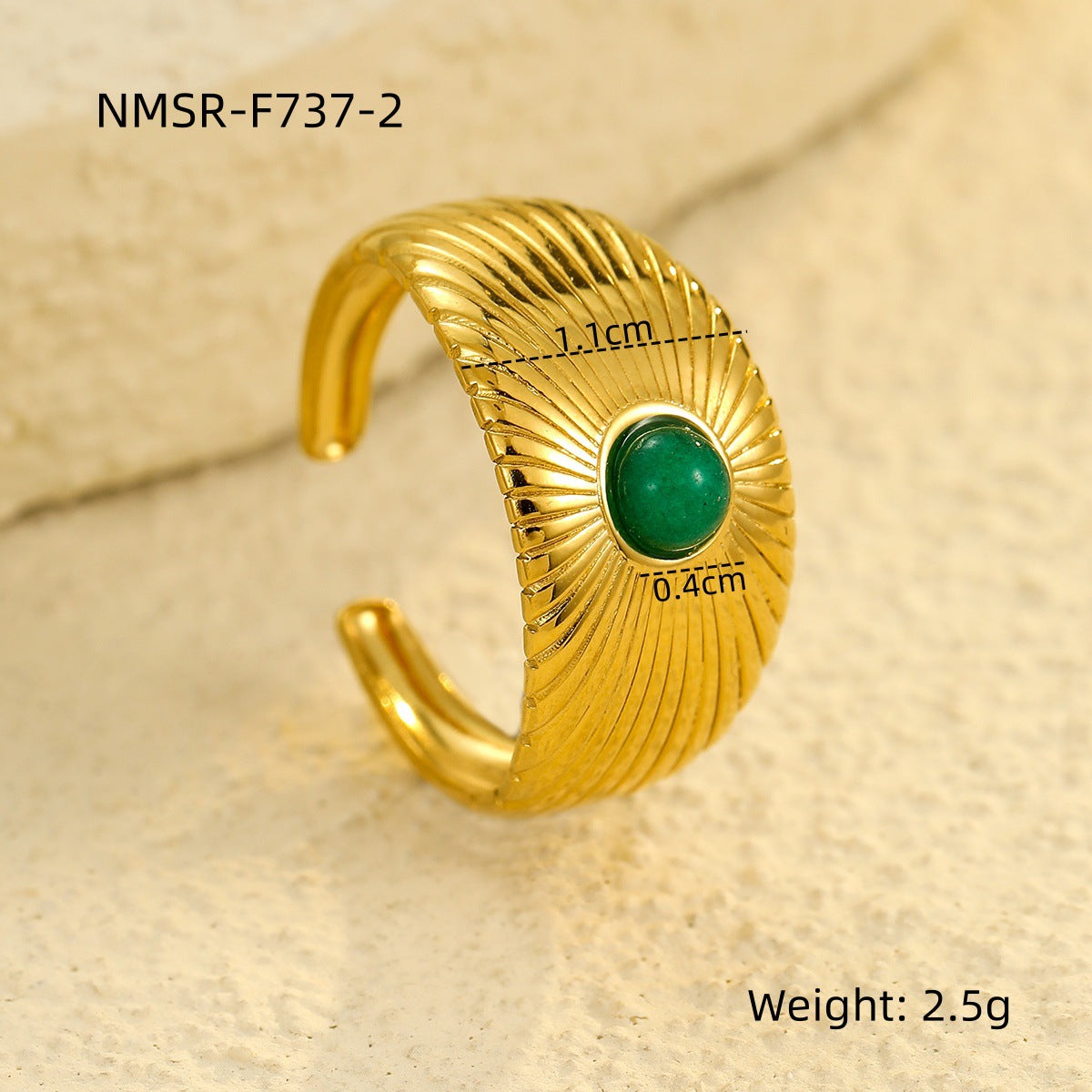 Anillo minimalista de banda ancha geométrica de acero inoxidable con piedra natural chapado en oro de 18 quilates para mujer