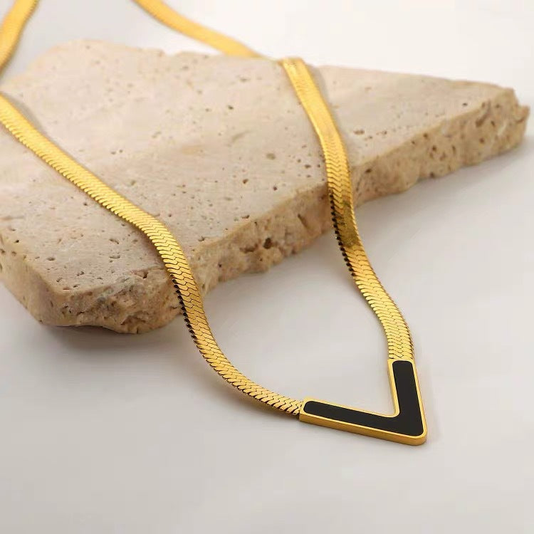 Minimalist V-Shaped Titanium Steel Necklace for Women with Flat Snake Chain and Letter Accent