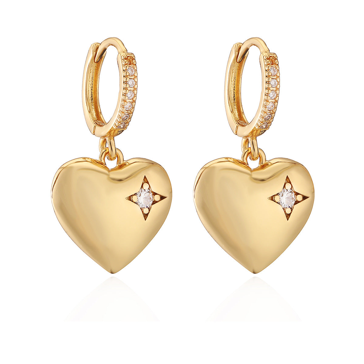 Minimalist Geometric Irregular Heart-Shaped Copper Earrings with Real Gold Plating and Zircon Accents