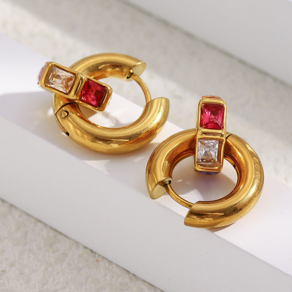 Orecchini Minimalisti Geometrici da Donna in Acciaio Inox con Placcatura in Oro 18K e Intarsio di Strass Colorati