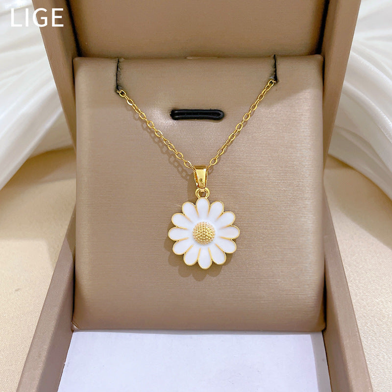 Sweet Minimalist Plant Moon Drip Oil Rhinestone Pendant Necklace Titanium Steel Cable Chain for Unisex