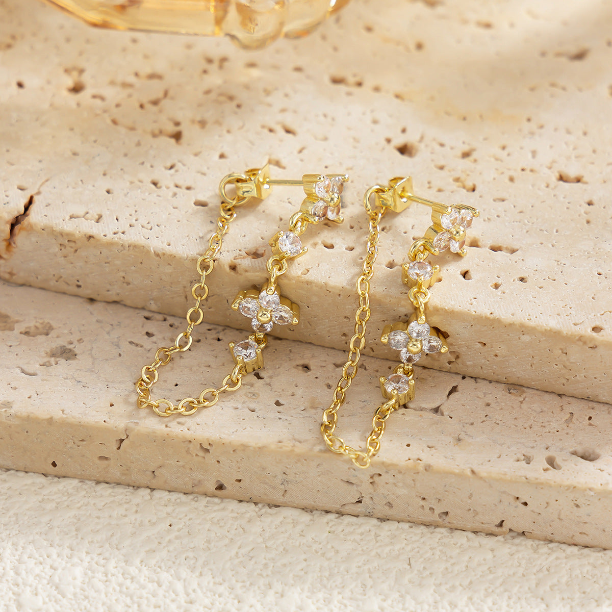Elegant Gold Plated Brass Floral Rhinestone Drop Earrings for Women
