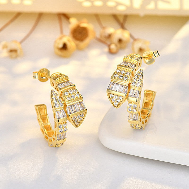 Minimalist Modern Snake-Shaped Zirconia Earrings in Titanium Steel with Real Gold Plating for Women