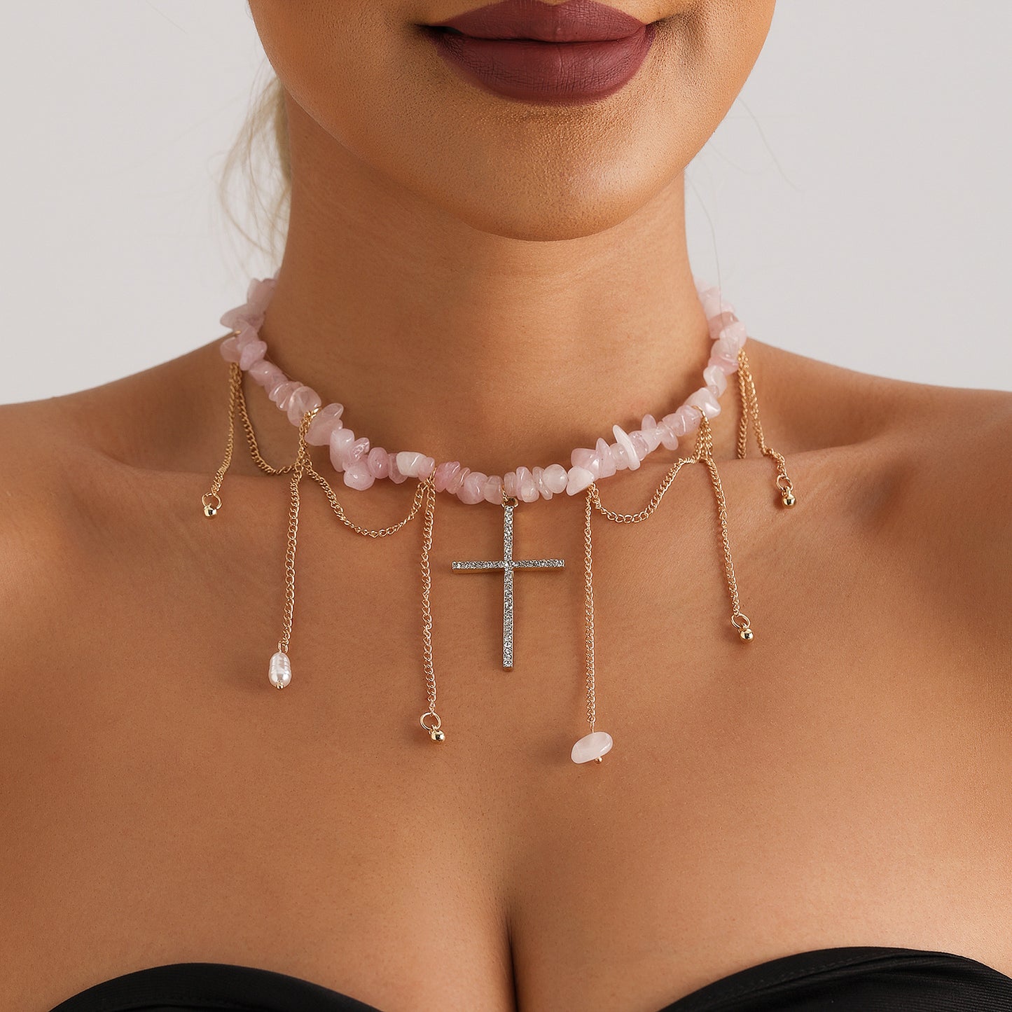 Geometric U-Shaped Cross Pendant Necklace for Women with Rhinestone Inlay and Gold-Plated Alloy Chain