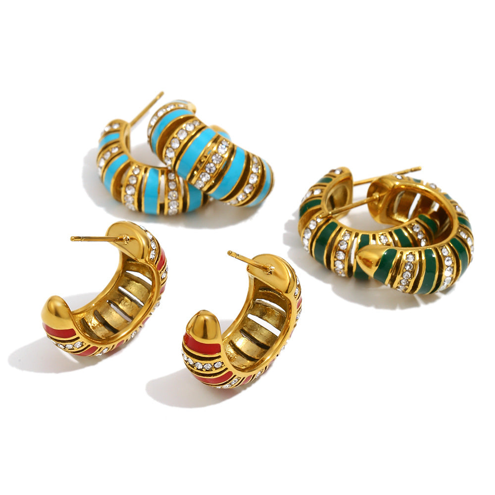 Minimalist Geometric Stainless Steel 18K Gold Plated Hollow C-Shaped Rhinestone Accent Enamel Drop Earrings for Women