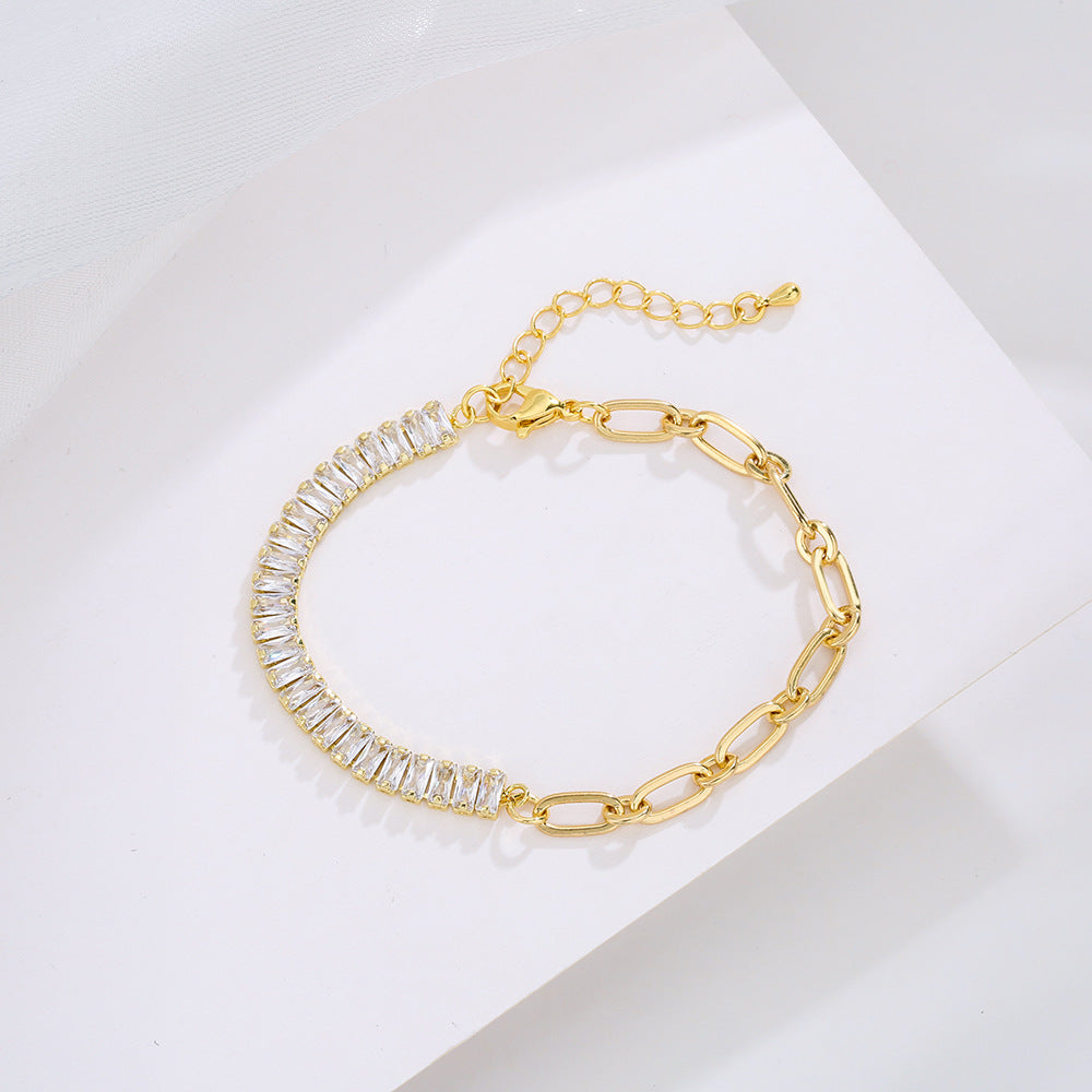 Geometric Copper Bracelet with 18K Gold Plating and Cubic Zirconia for Women, Minimalist Ins-Inspired Statement Jewelry