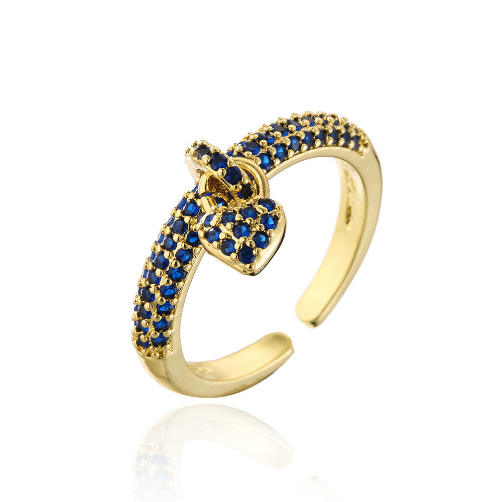 Anello aperto da donna placcato oro 18 carati con micro-pavé di zirconi a forma di cuore, stile retrò alla moda
