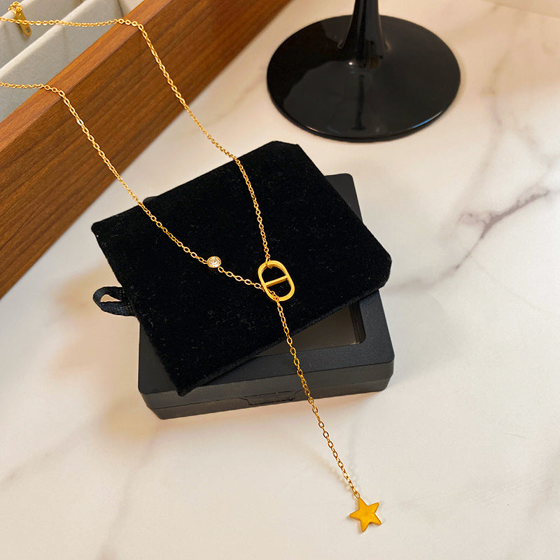 Streetwear Gold Plated Star Titanium Steel Necklace with Cubic Zirconia Tassel for Unisex