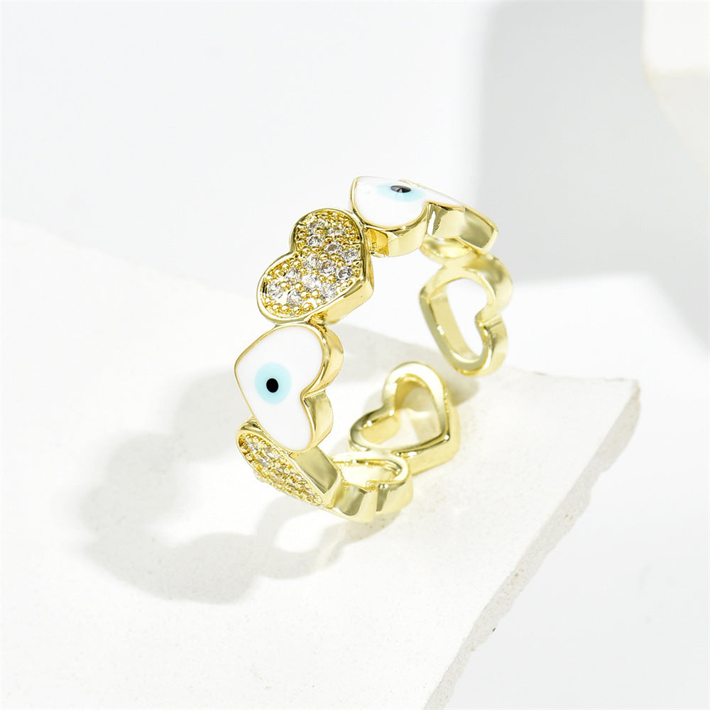 Casual Gold Drip Oil Heart Geometric Brass Ring with Cubic Zirconia for Women