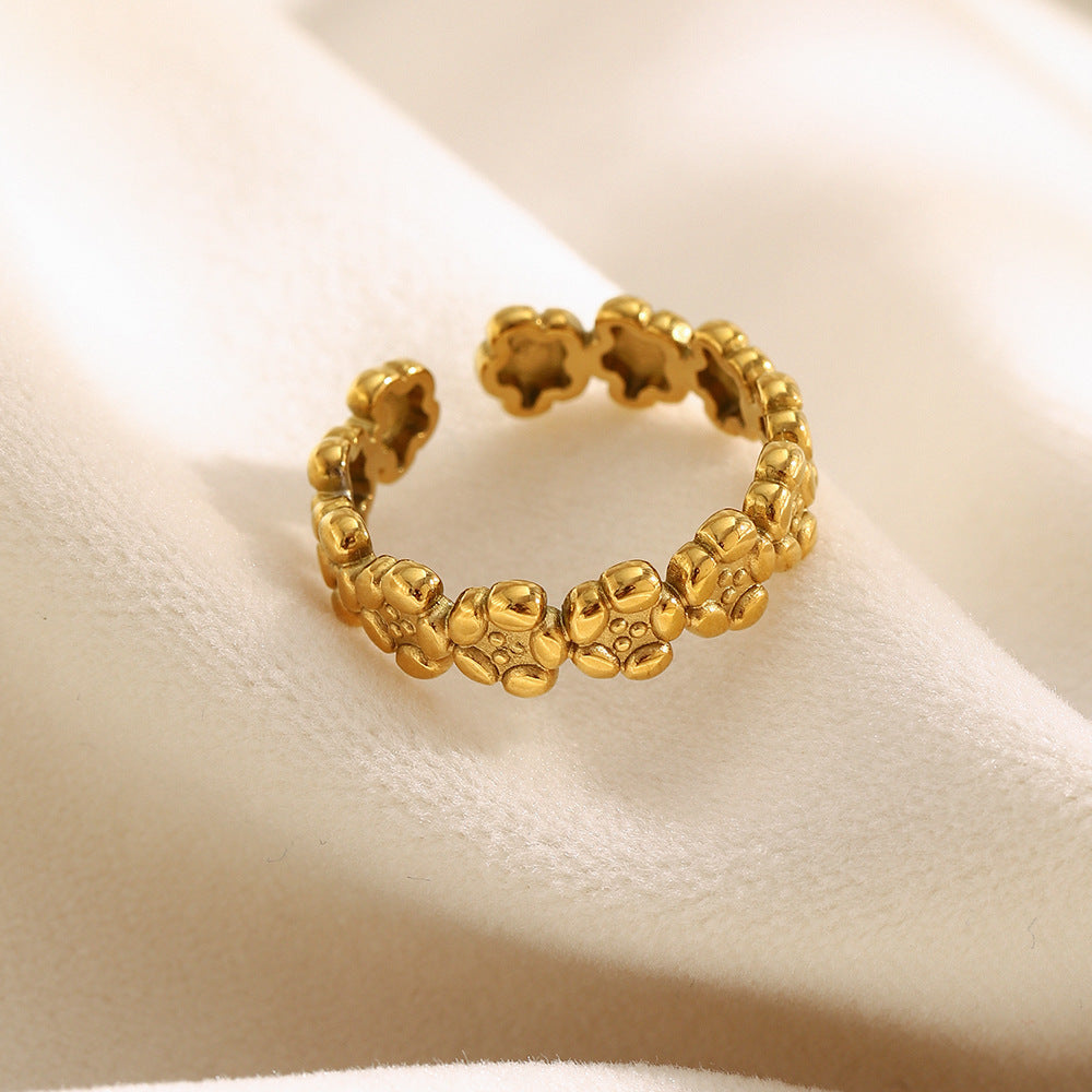 Minimalist French-Inspired Floral Open Ring for Women in Stainless Steel with 18K Gold Plating