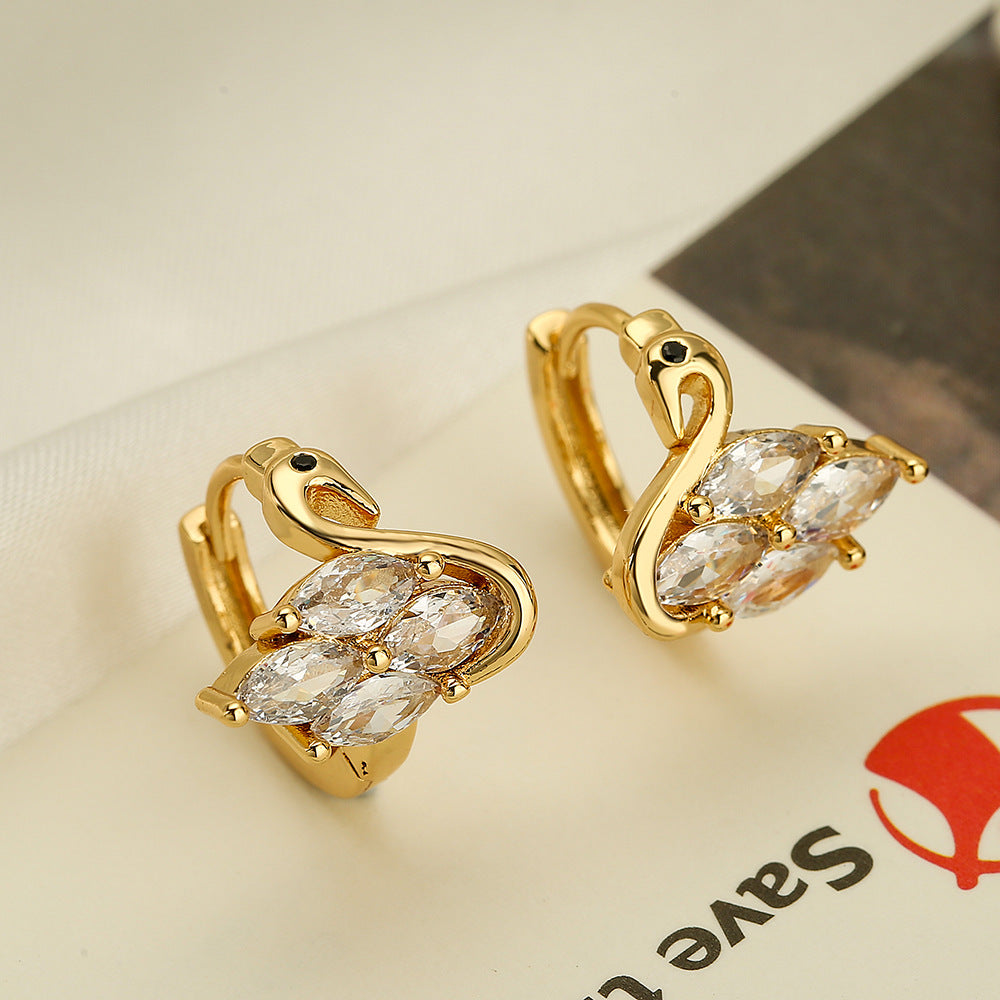 Minimalist Geometric Butterfly and Swan Earrings in Copper with Real Gold Plating and Zircon Inlay for Women