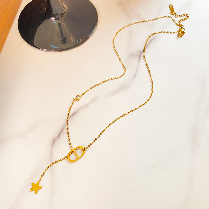Streetwear Gold Plated Star Titanium Steel Necklace with Cubic Zirconia Tassel for Unisex