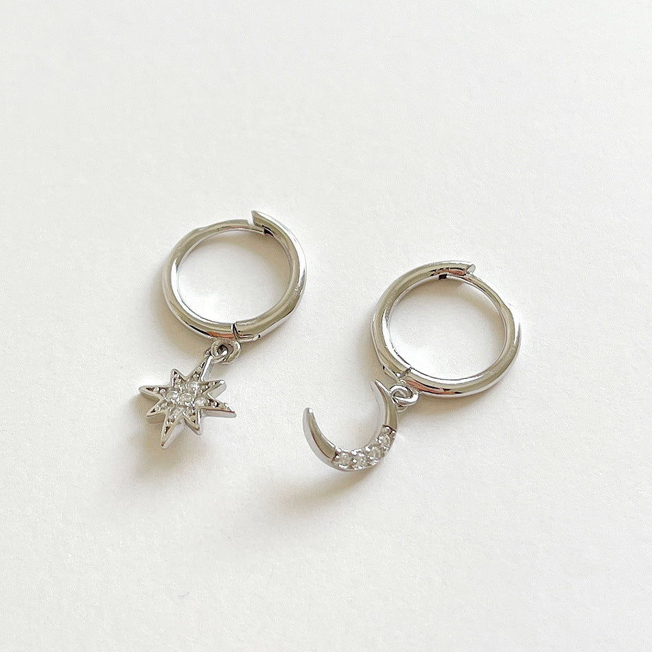 Sweet 925 Sterling Silver Star Moon Asymmetric Earrings with Rhinestone