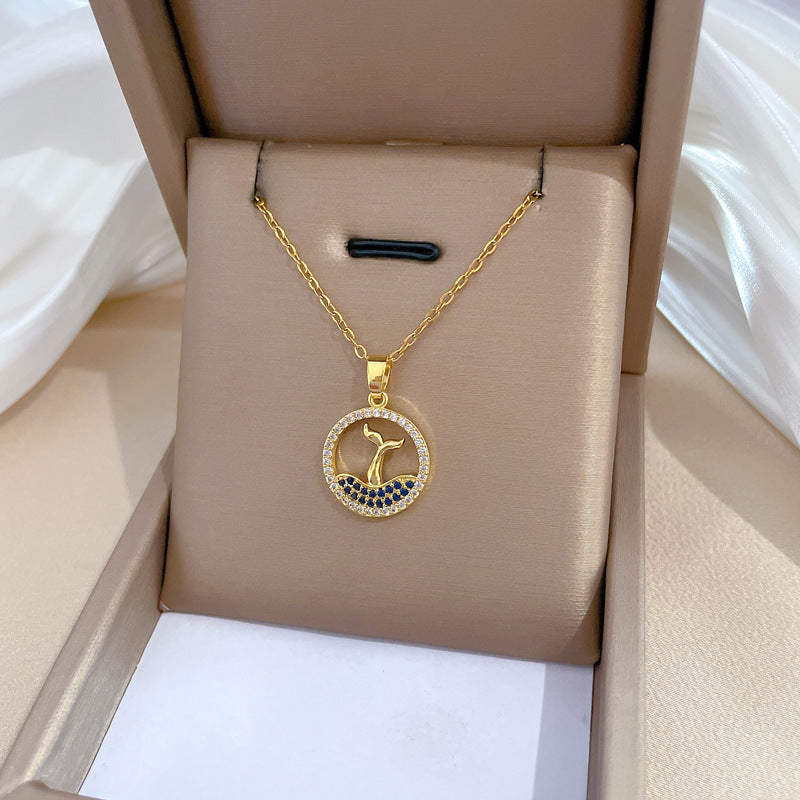 Minimalist Geometric Moon Pendant Necklace for Women and Men in Titanium Steel with Full Rhinestone Accents on Titanium Steel Chain