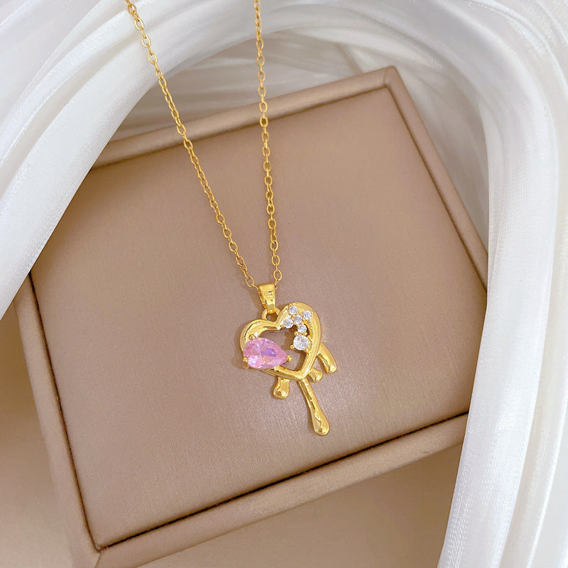 Collana da donna in acciaio inossidabile con cuore romantico e motivo floreale, intarsi in strass, elegante catena per clavicola