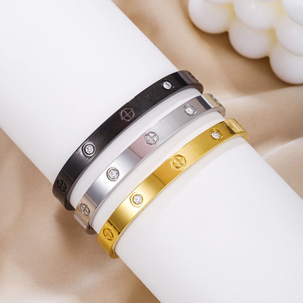 Streetwear Geometric Round Rhinestone Inlay Plated Stainless Steel Titanium Steel Bracelet