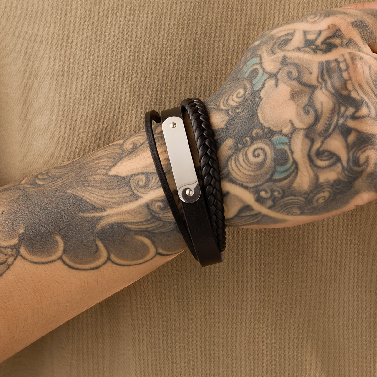 Minimalist Vintage Braided Leather Bracelet for Women with Stainless Steel Clasp and Electroplated Finish