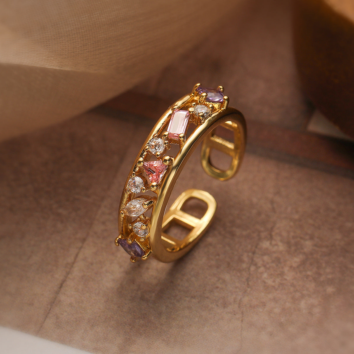 Minimalist Geometric Open Ring for Women in Brass with 18K Gold Plating, Zircon and Pearl Inlay
