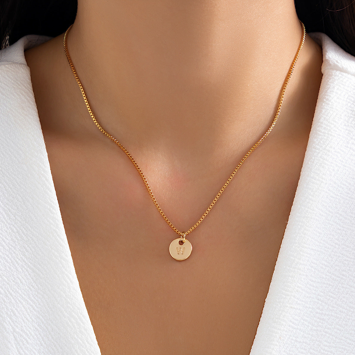 Minimalist Round Letter Pendant Zinc Alloy Plated Necklace Box Chain Women