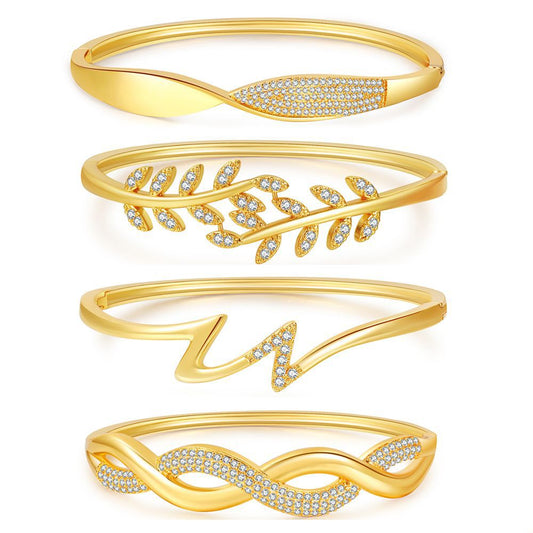 Minimalist Elegant Geometric Leaf Branch Brass Cuff Bracelet with Cubic Zirconia Inlay for Women and Men