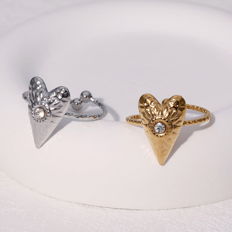 Minimalist Heart-Shaped Stainless Steel Ring with Folded Texture and Plated Finish for Women