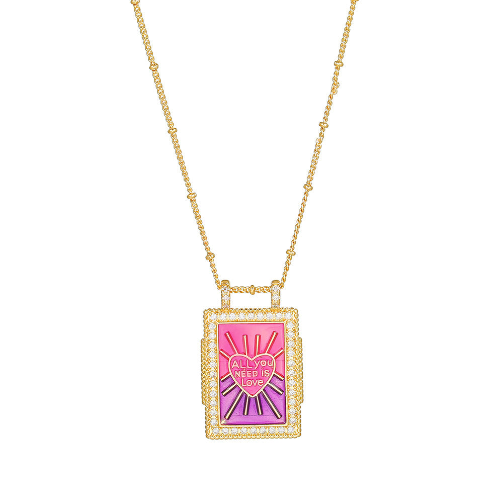 Geometric Gold Plated Brass Drip Oil Cubic Zirconia Inlay Tarot Necklace with Cable Chain