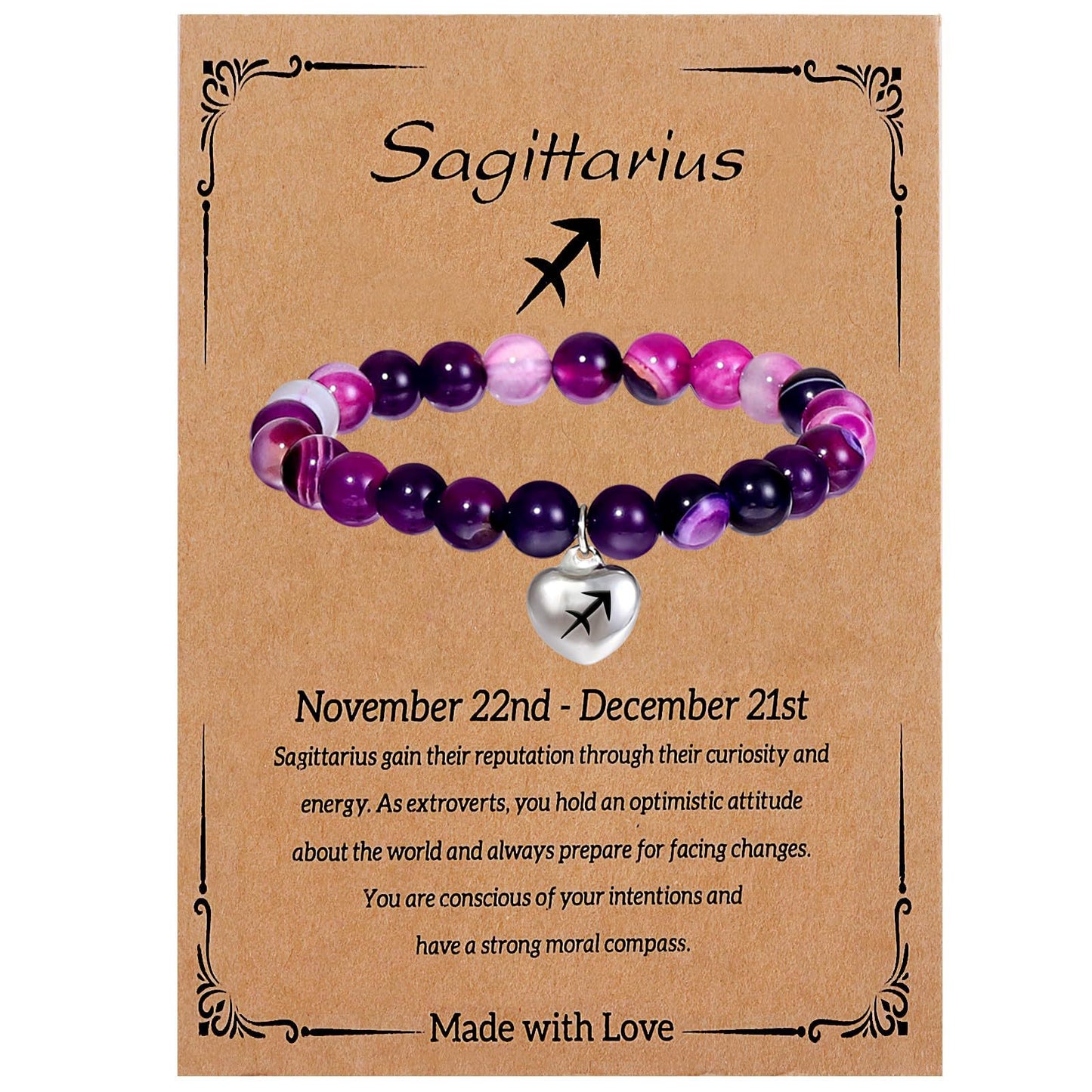Elegant Heart Shape Agate Beaded Charm Bar for Women Zodiac Natural Stone Birthday Gift