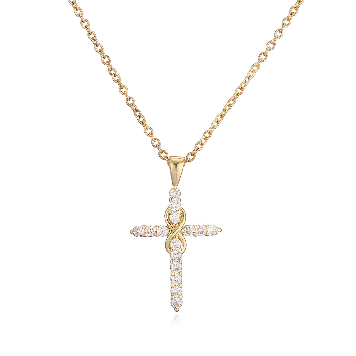 Collar con Colgante de Cruz Geométrica Minimalista para Mujer con Base de Cobre Bañado en Oro de 18K e Incrustaciones de Zirconia