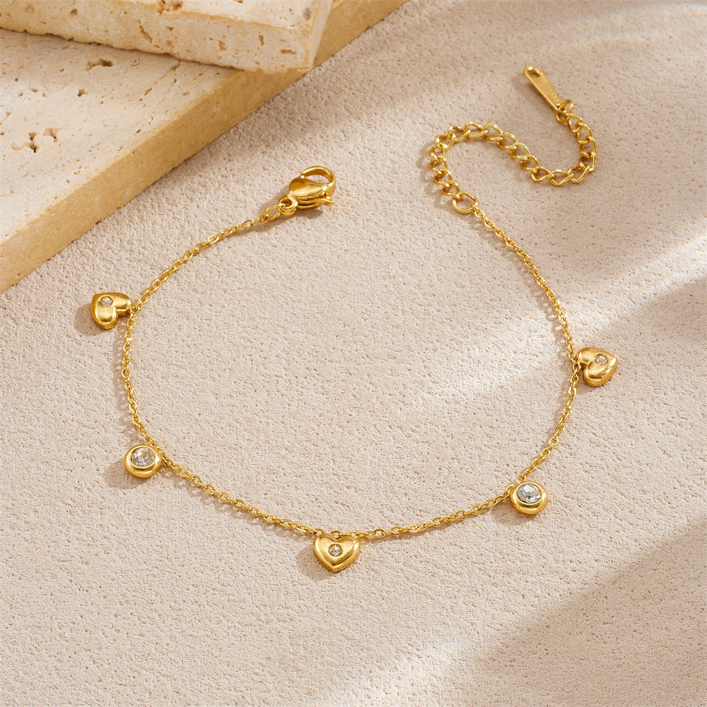Minimalist Elegant Round Heart Rhinestone Inlay Gold Plated Stainless Steel Bracelet for Women