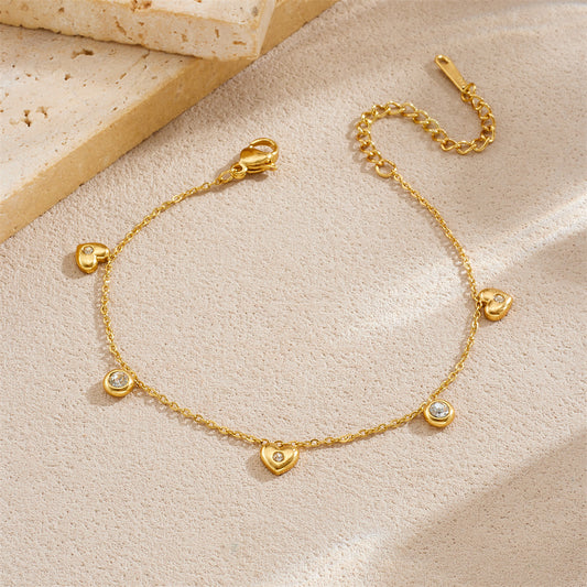 Minimalist Elegant Round Heart Rhinestone Inlay Gold Plated Stainless Steel Bracelet for Women