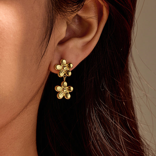 Minimalist Floral Stainless Steel Dangle Stud Earrings for Women with Plated Finish and Luxe Aesthetic