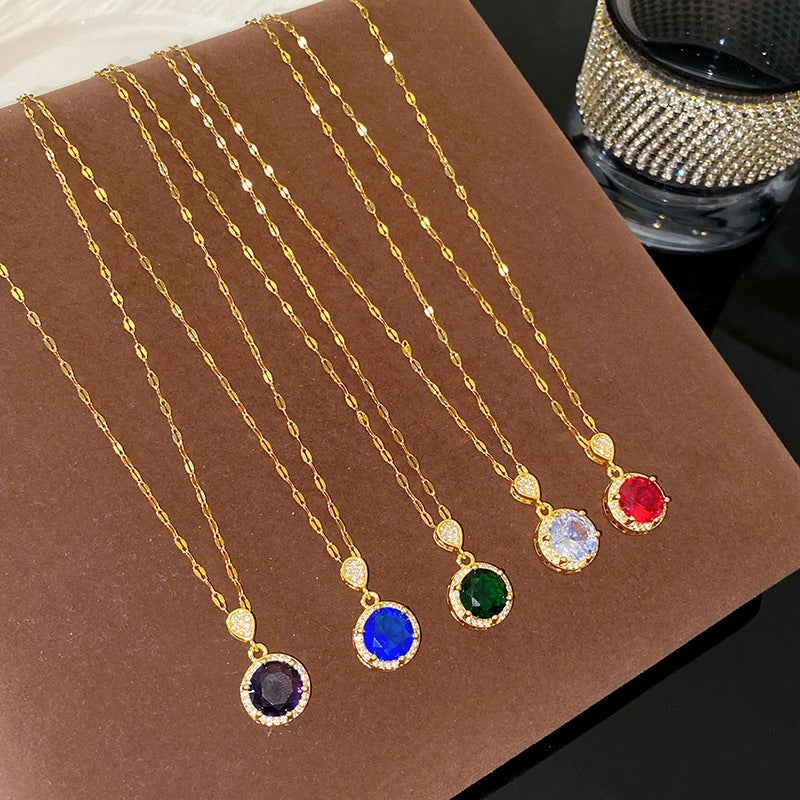 Sweet Elegant Round Geometric Micro-Inlaid Colorful Cubic Zirconia Brass Pendant Titanium Steel Necklace for Women and Men