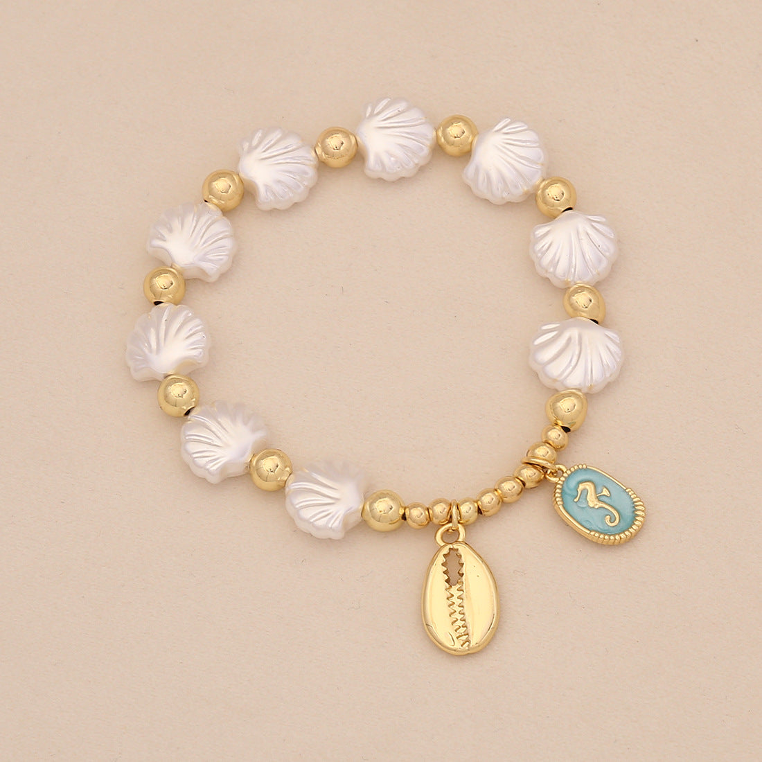 Braccialetto Artigianale Originale in Rame e Plastica con Perline Imitazione Perla, Stella Marina, Conchiglia, Tartaruga Placcato Oro 18K Gioielli da Donna
